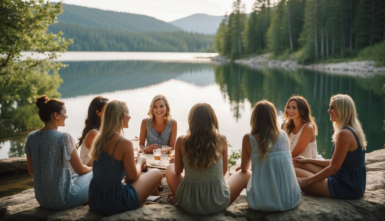 A group of women gather around a picturesque lake, discussing and planning various budget-friendly bachelorette party themes Lake Bachelorette Party Themes