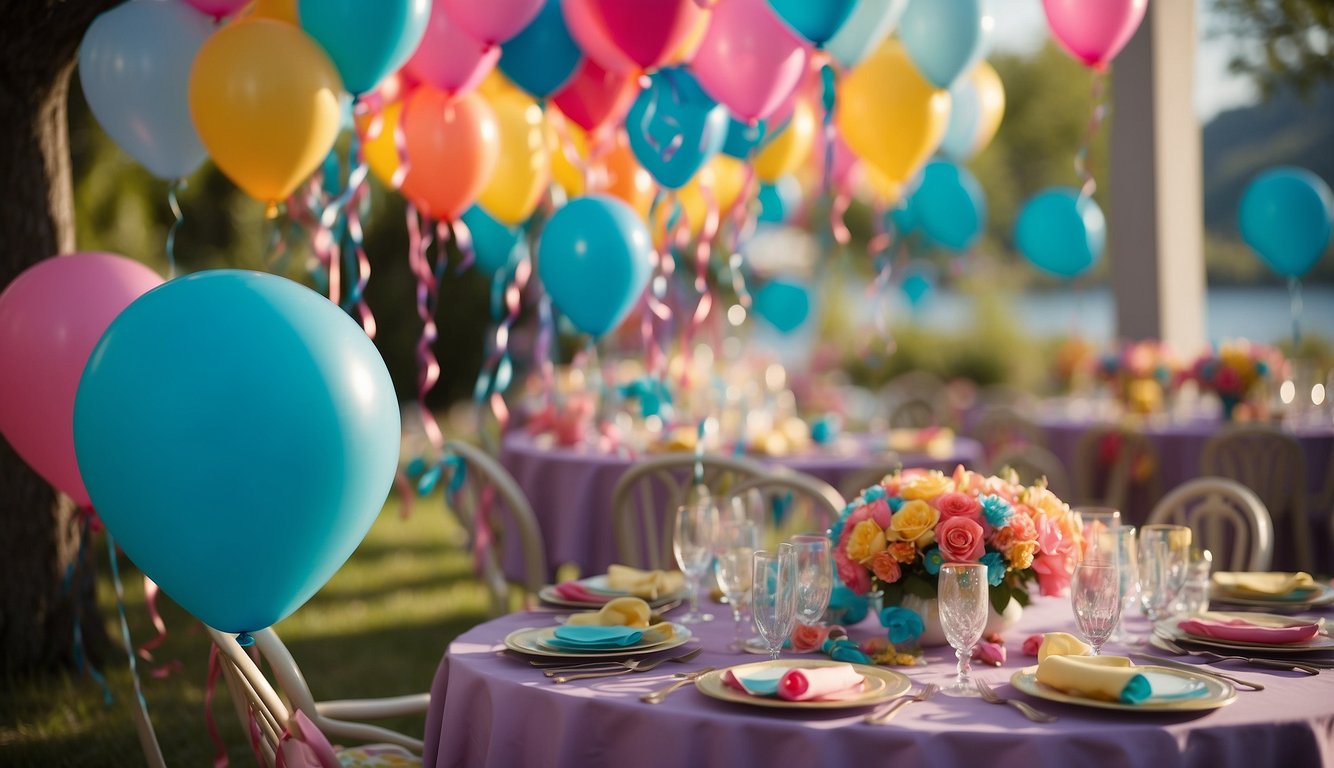 Colorful party favors and decorations adorn a lakeside bachelorette party. Streamers, balloons, and themed items create a festive atmosphere Lake Bachelorette Party Themes