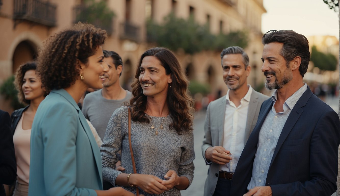 A group of people conversing, using formal language and respectful gestures, reflecting the importance of gender and politeness in Spanish culture Manners in Spanish