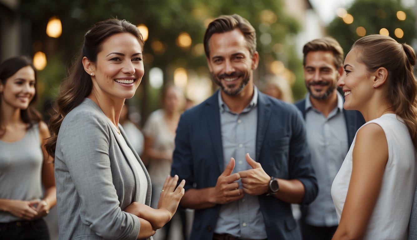 People standing in a group, maintaining eye contact and smiling. They are engaged in conversation, with relaxed and open body language. A warm and friendly atmosphere is evident Manners in Spanish