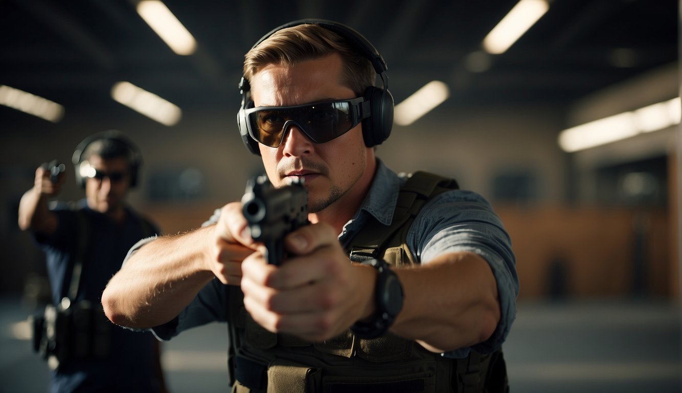 Gun range scene: Shooter wearing ear and eye protection, pointing firearm downrange, following safety rules and range etiquette Gun Range Etiquette