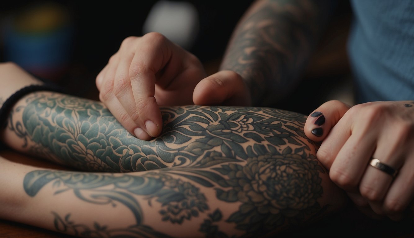 A calm and serene setting with soft lighting, soothing music, and healing ointments. A tattoo artist gently caring for a freshly inked design Tattoo Etiquette