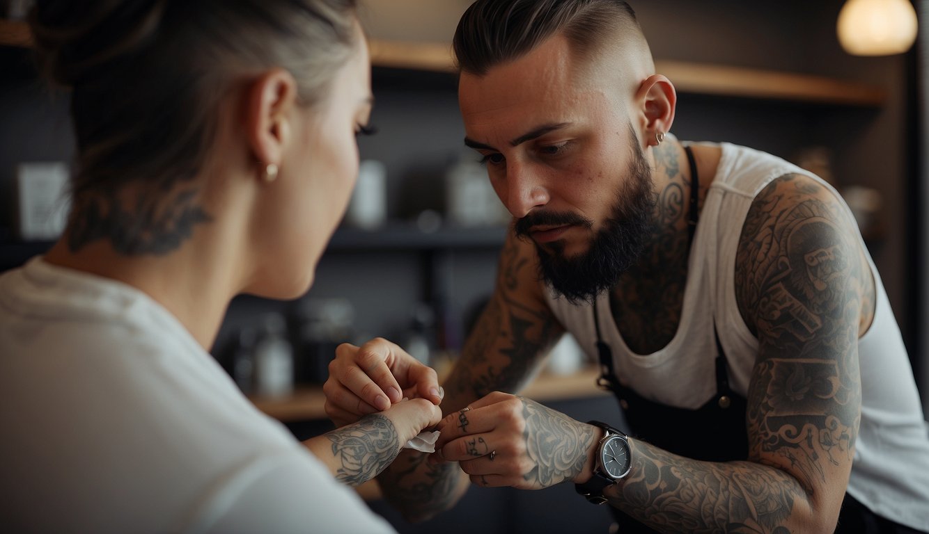 A tattoo artist gently wipes and applies ointment to a freshly inked design on a client's skin, ensuring proper aftercare Tattoo Etiquette