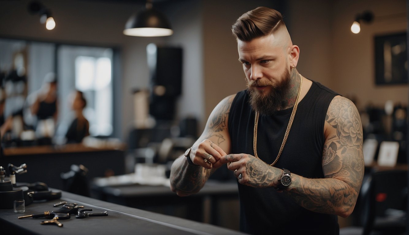 A tattoo artist politely explaining proper tattoo etiquette to a client in a clean and professional studio setting Tattoo Etiquette