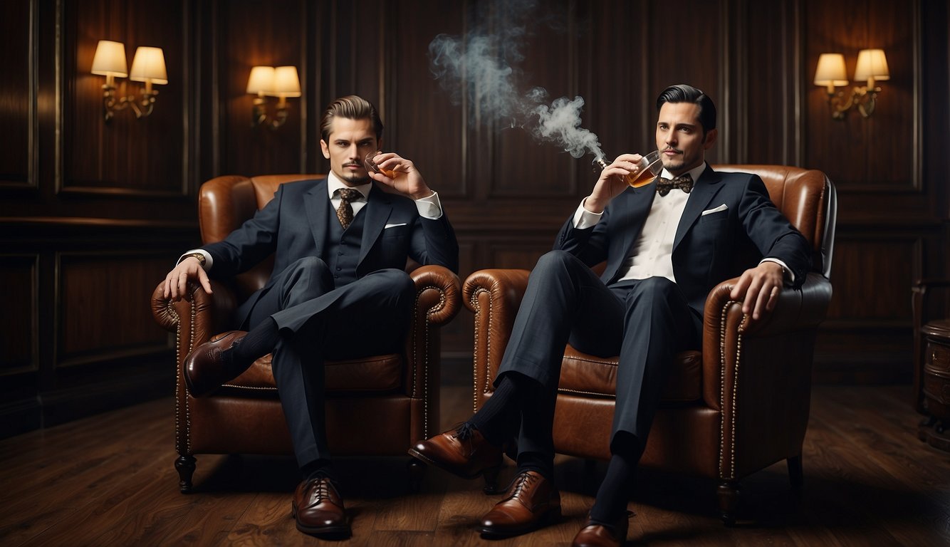 Gentlemen in suits sit in leather chairs, sipping whiskey and smoking cigars, surrounded by dark wood paneling and vintage decor Gentlemen's Club Etiquette Gentlemen's Club Etiquette
