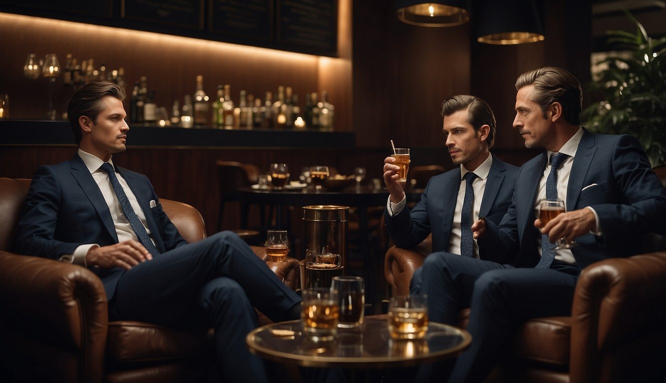 Gentlemen in suits conversing, smoking cigars, and enjoying drinks in a luxurious setting with dim lighting and comfortable seating  Gentlemen's Club Etiquette