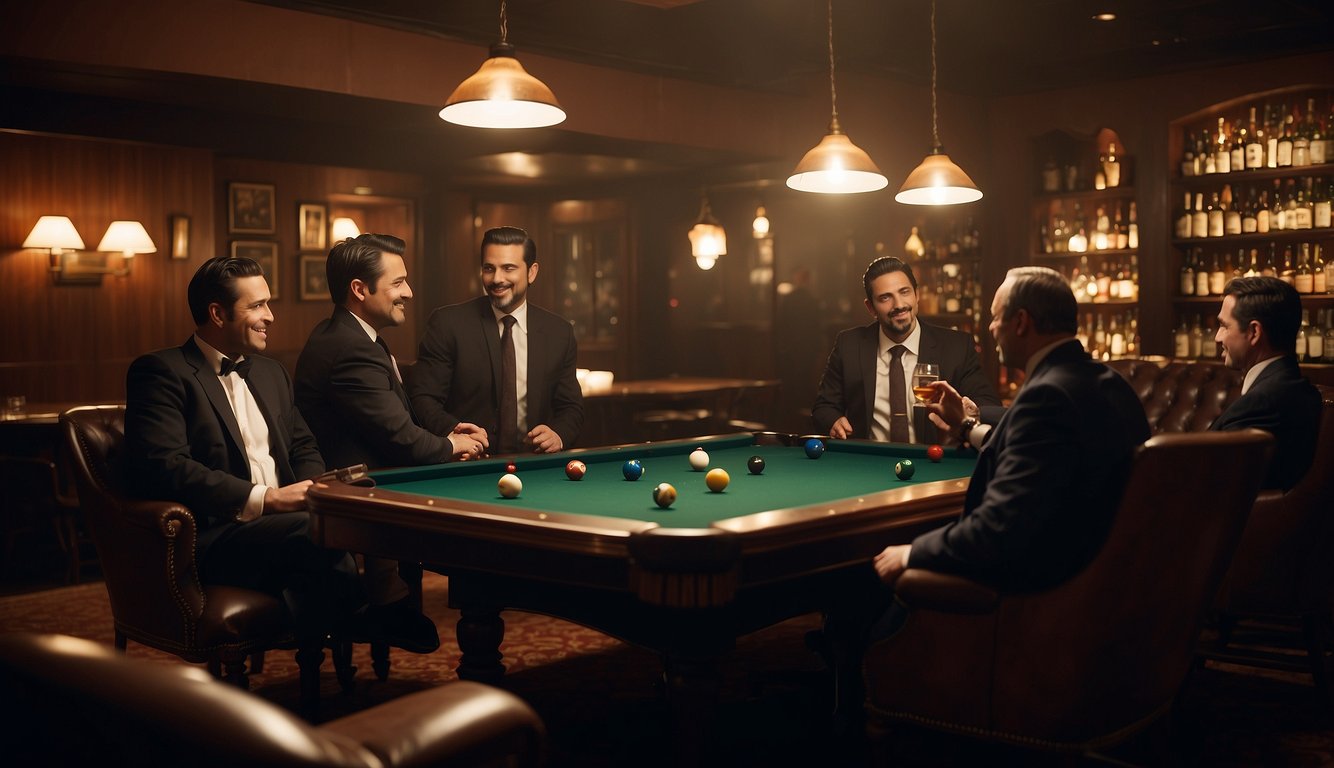 A dimly lit room with plush leather chairs, a billiards table, and a bar stocked with top-shelf liquors. Cigar smoke lingers in the air as men in suits engage in conversation and laughterGentlemen's Club Etiquette