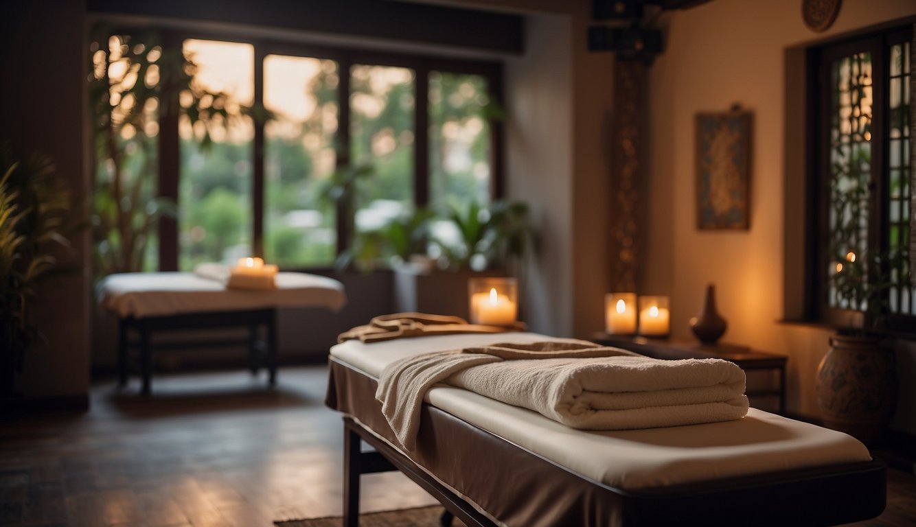 A serene massage room with soft lighting, soothing music, and a traditional Asian massage table. A calming atmosphere with incense and decorative elements Asian Massage Etiquette