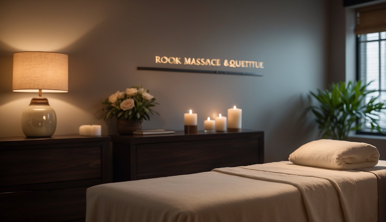 A serene room with soft lighting, calming music, and a comfortable massage table. A sign on the wall outlines Asian massage etiquette Asian Massage Etiquette