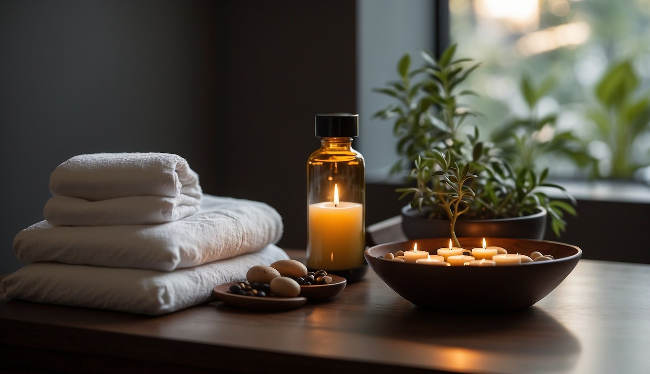 A serene room with dim lighting, soft music, and a massage table adorned with fresh linens and a bowl of aromatic oils Asian Massage Etiquette
