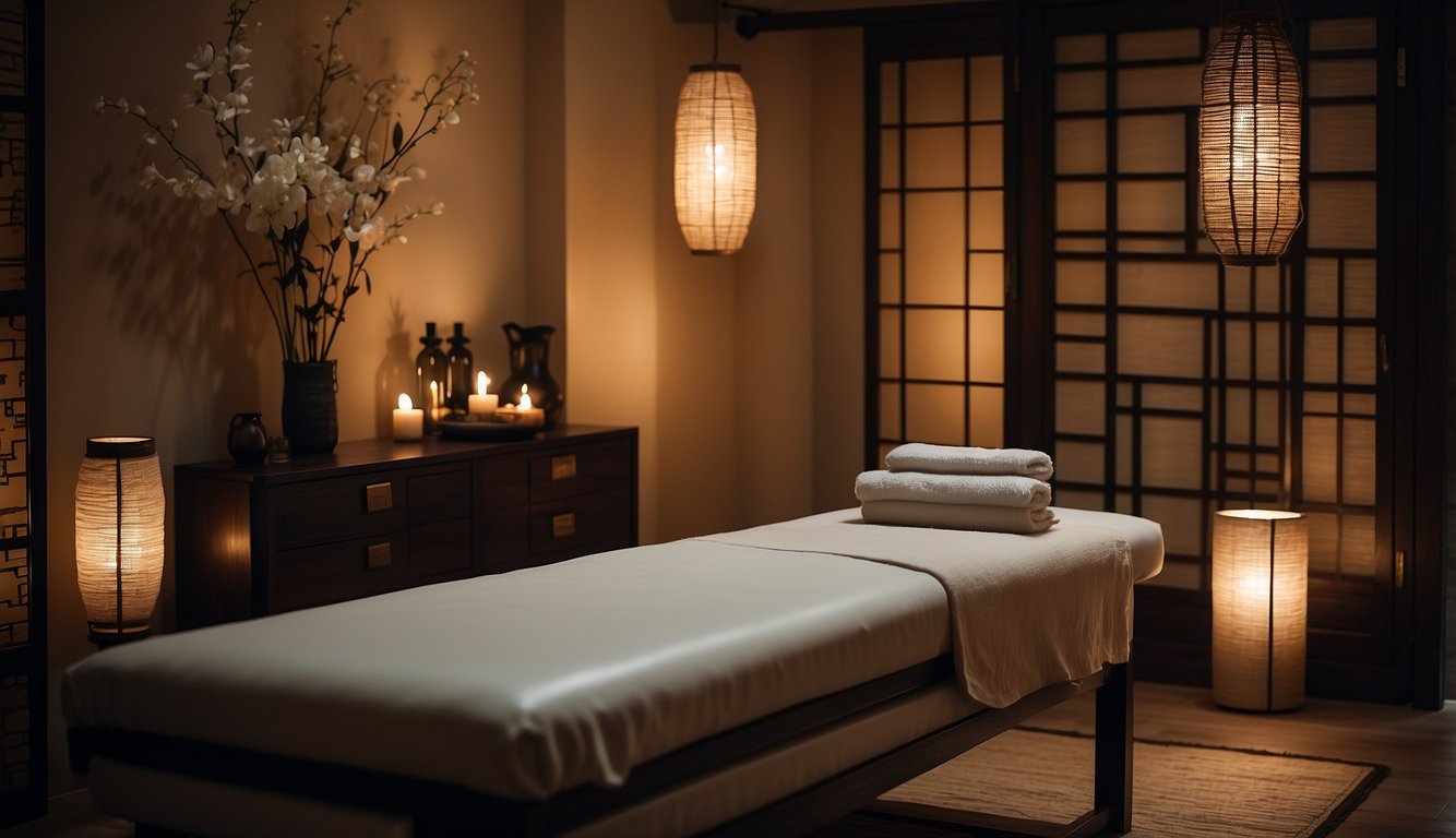 An Asian massage room with calming decor, dim lighting, and soothing music playing in the background Asian Massage Etiquette