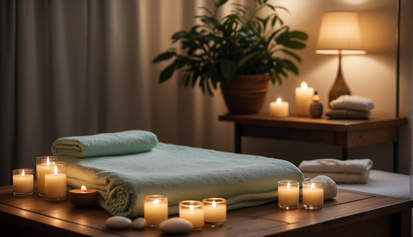 A serene massage room with soft lighting, calming music, and aromatic scents. A comfortable massage table with fresh linens and a selection of massage oils and lotions Asian Massage Etiquette