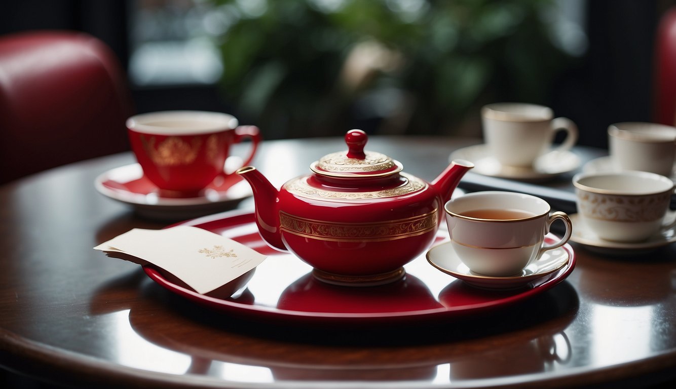 A round table with tea set, red decor, and business cards exchanged Business Etiquette in China