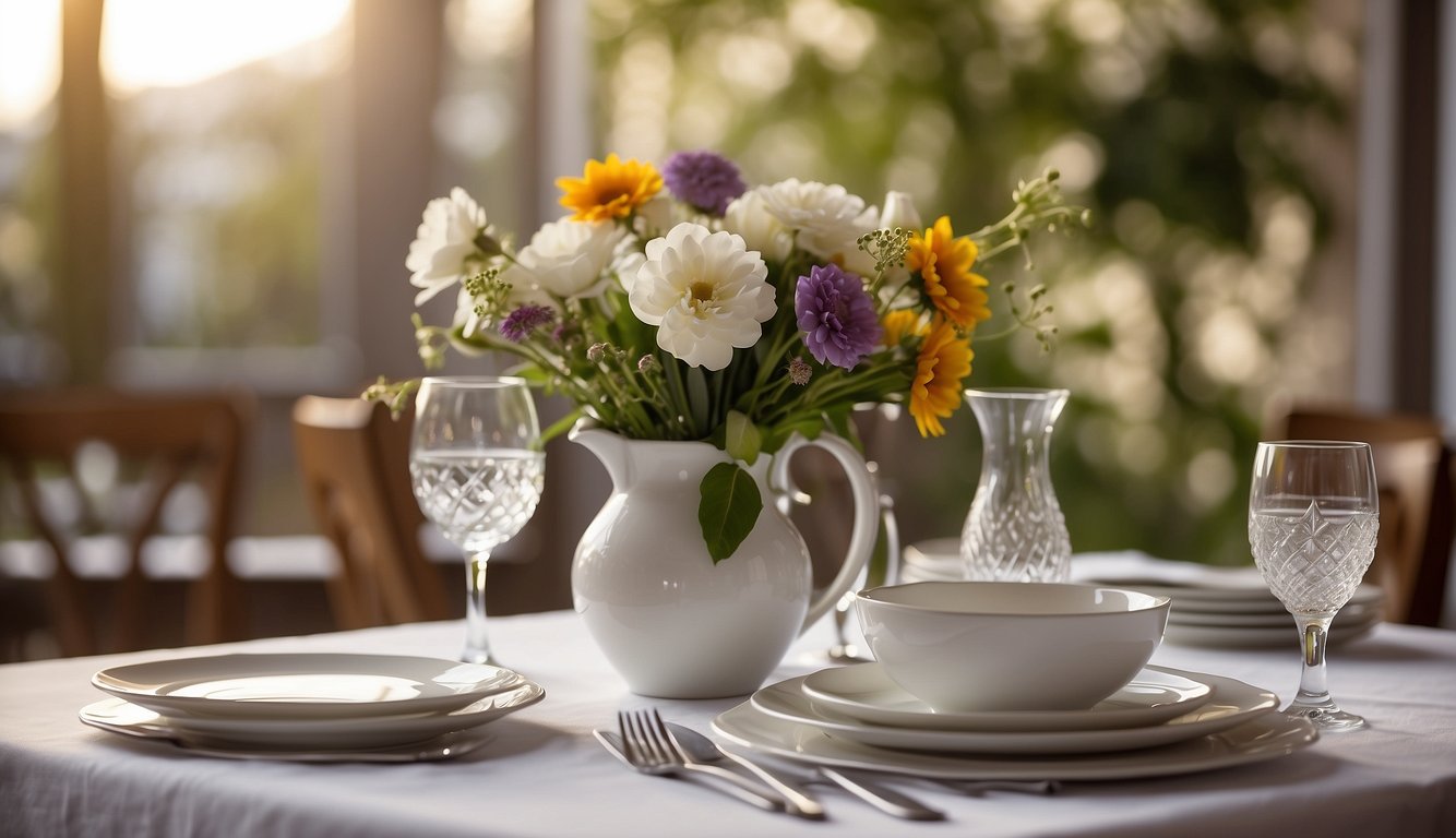 A table set with fine china and silverware, a vase of fresh flowers, and a neatly folded napkin. A person standing with an upright posture and a warm smile Manners Matter