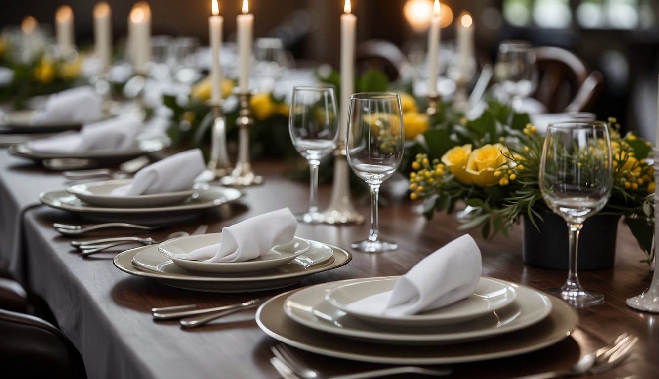 A table set with modern place settings, including utensils and napkins in proper positions, with a printed card displaying updated etiquette rules New Rules of Etiquette