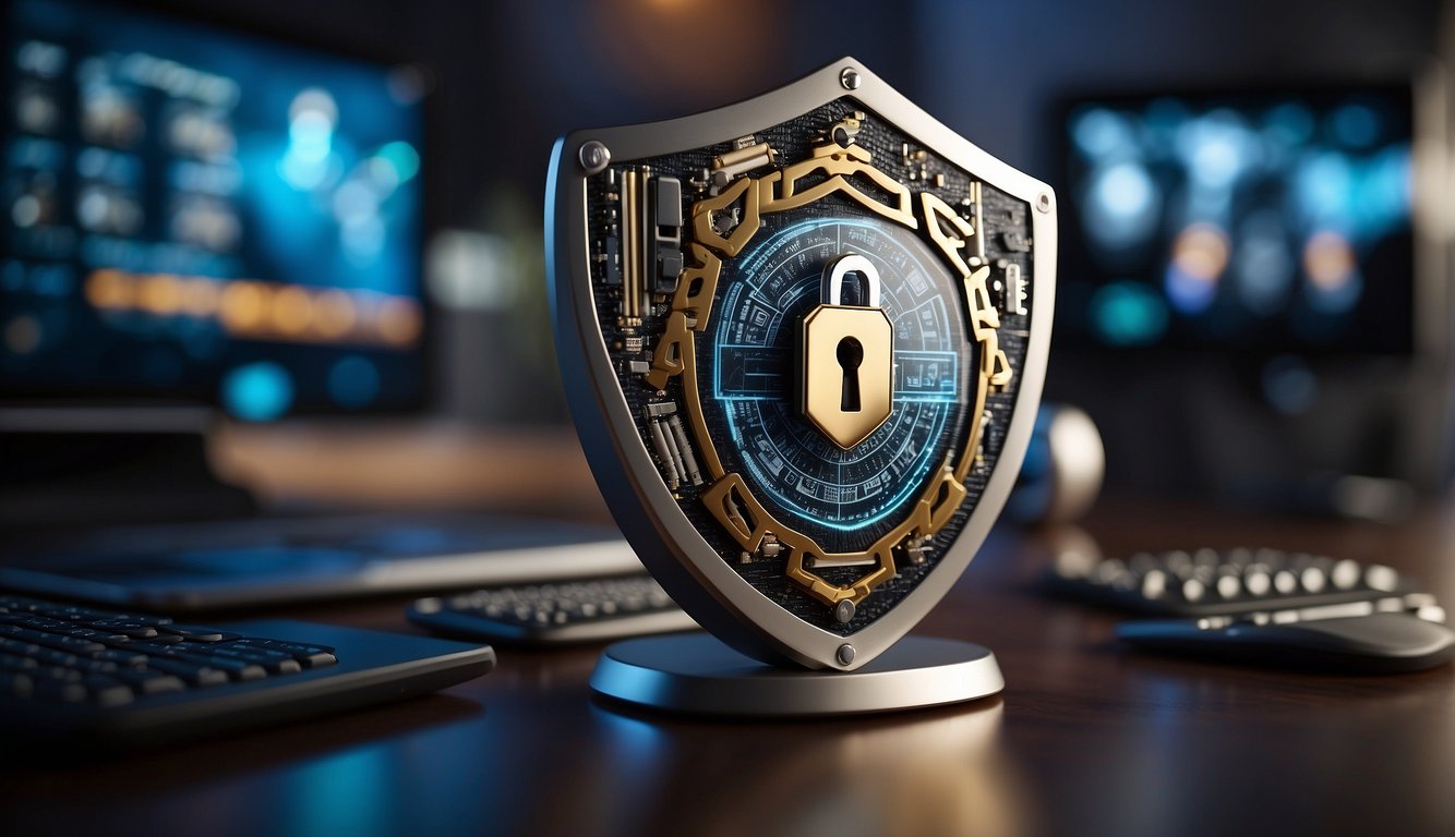 A shield with a lock representing protection against cyber threats, surrounded by digital devices and symbols of online communication Digital Etiquette