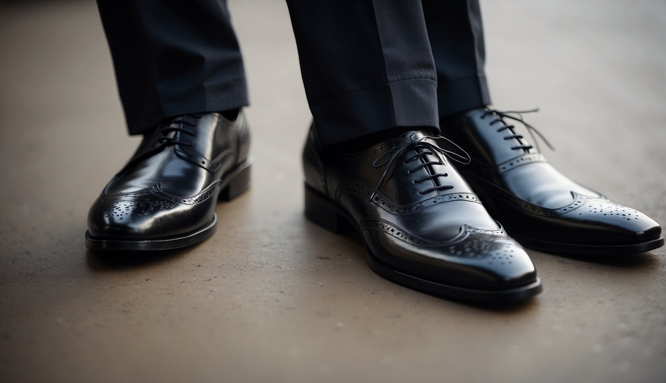 A pair of neatly pressed pants and polished shoes arranged in a formal manner Suit Etiquette