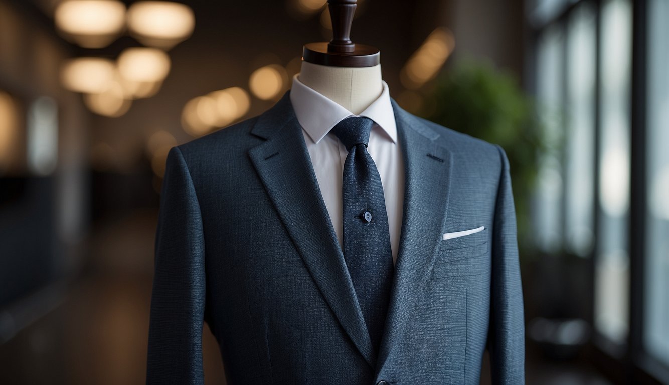 A suit jacket hangs neatly on a hanger, showcasing its fine stitching, lapels, and button details Suit Etiquette