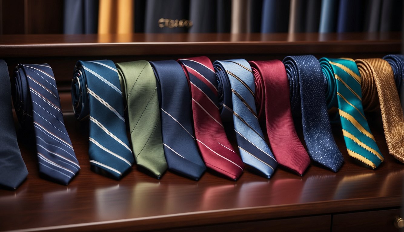 A neatly arranged collection of colorful ties and polished accessories on a sleek wooden dresser Suit Etiquette