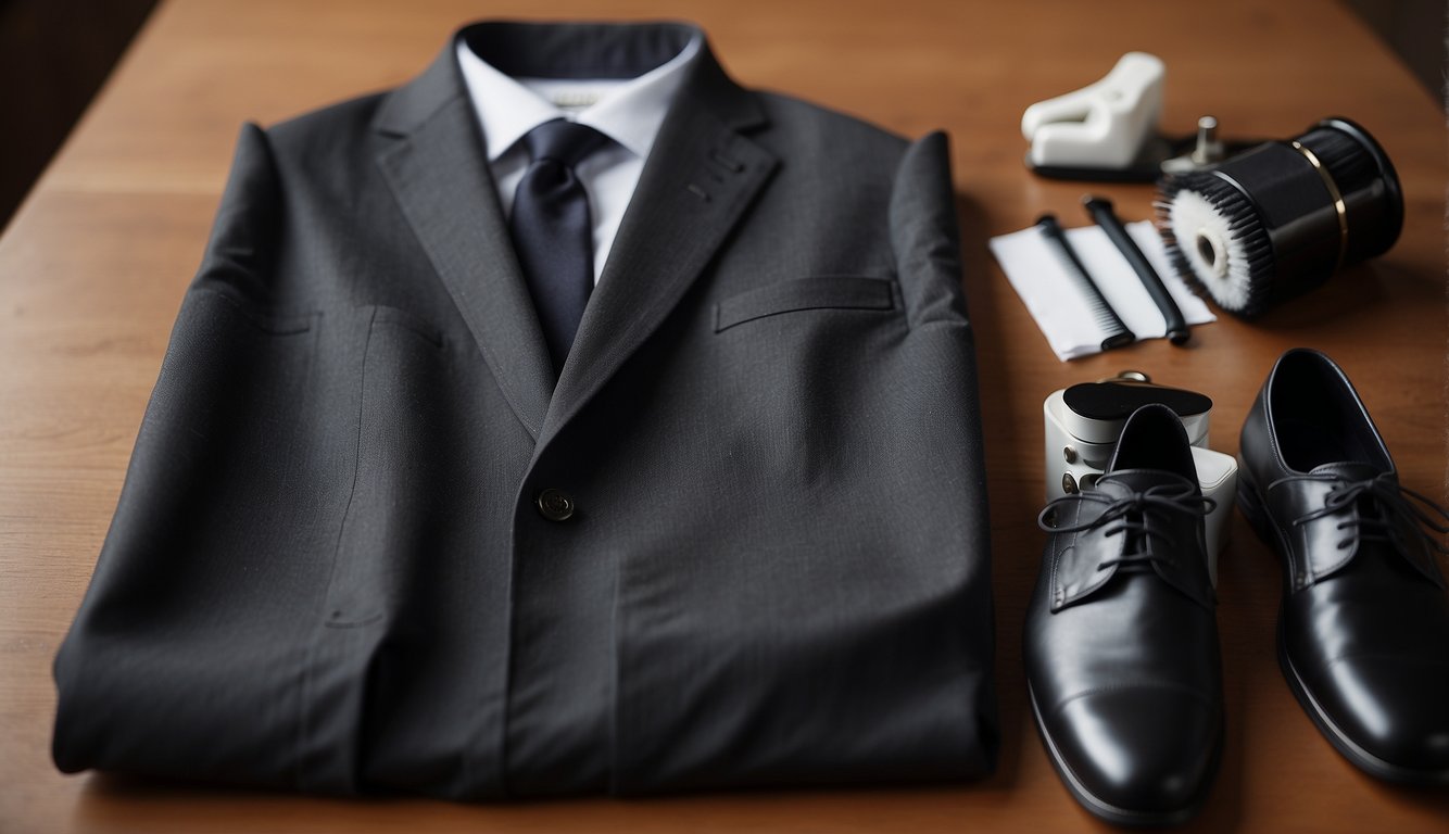 A neatly arranged suit on a hanger, with a lint roller, shoe brush, and garment bag nearby. A small table holds a sewing kit and shoe polish Suit Etiquette