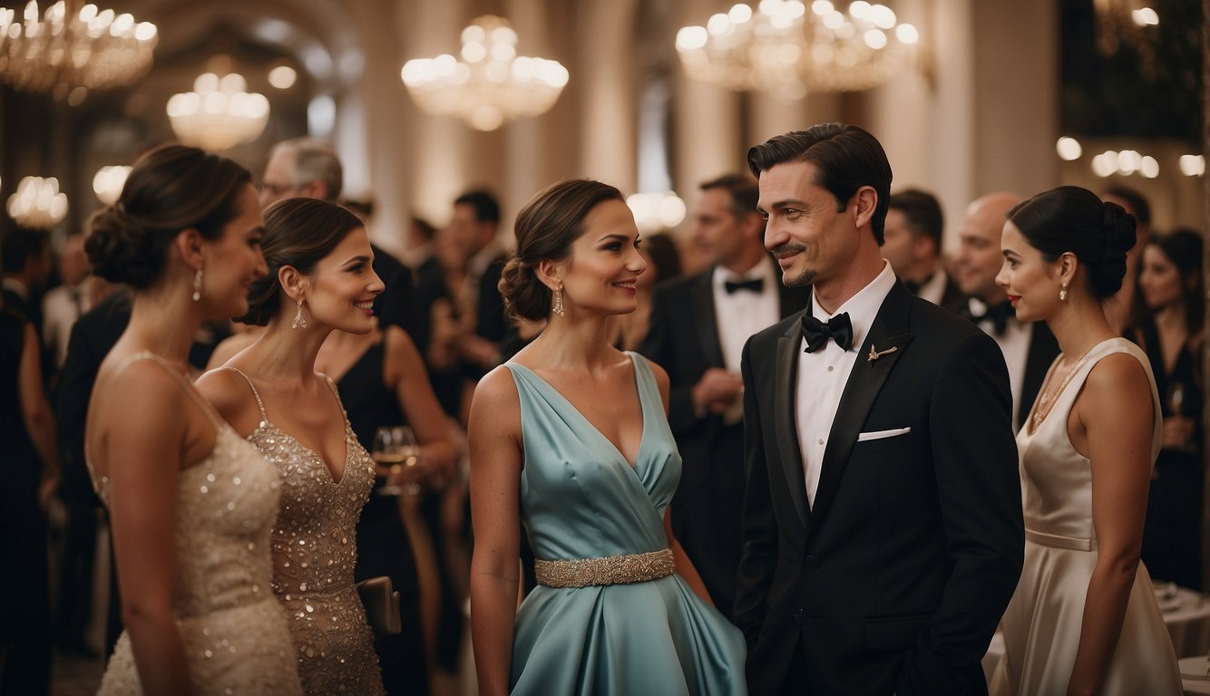 Guests in formal attire mingle at a grand event. Men wear tuxedos with bow ties, while women don elegant gowns and pearls. The atmosphere is refined and sophisticated Suit Etiquette