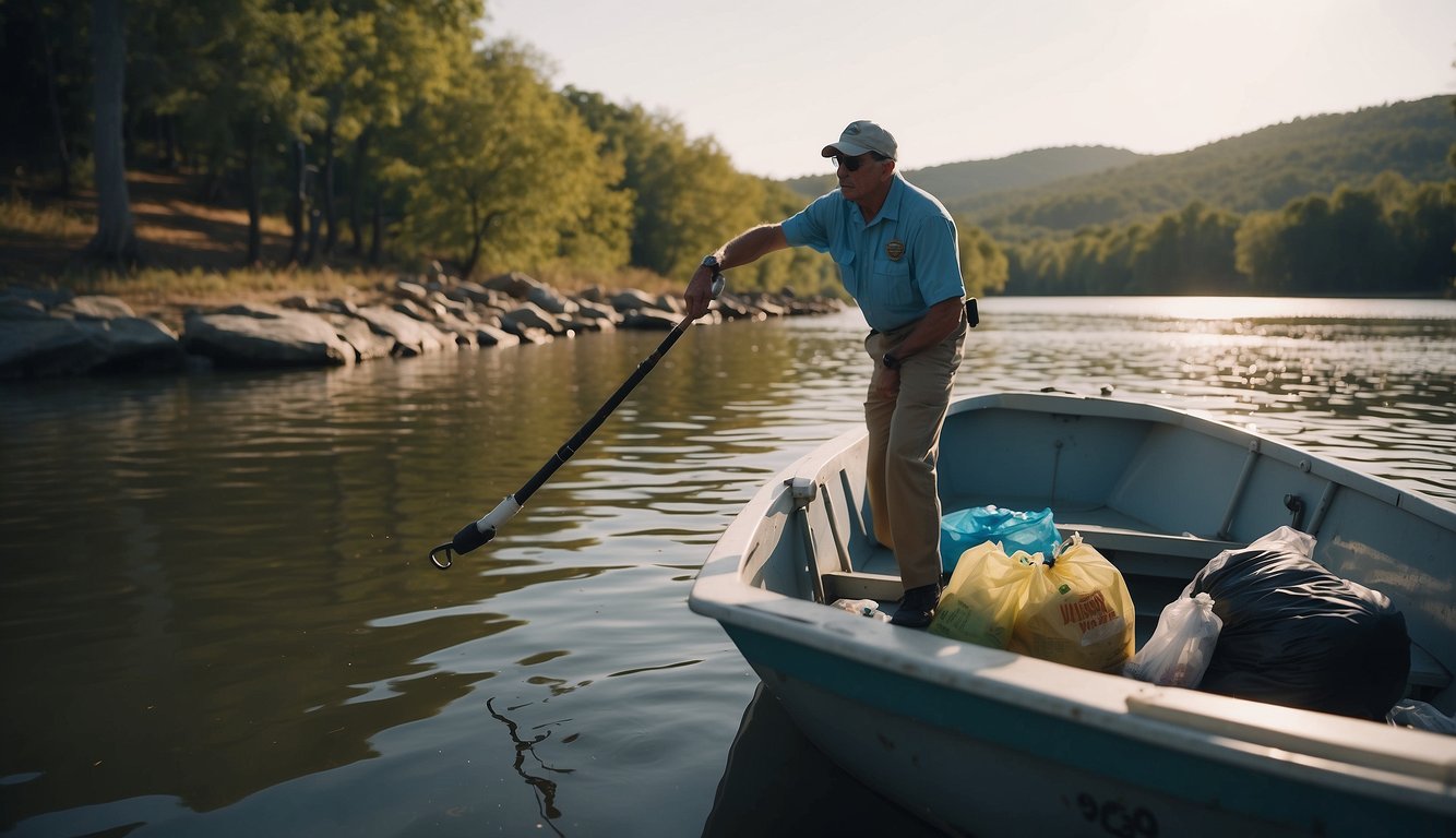 A boat captain properly disposes of trash, avoids disturbing wildlife, and follows speed limits in a serene, clean waterway Boating Etiquette