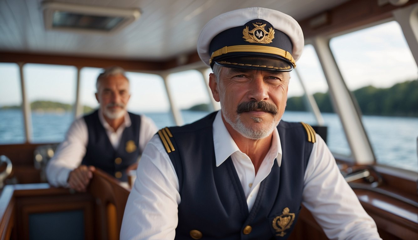 The captain stands at the helm, steering the boat with confidence. Passengers relax, knowing the captain is responsible and follows proper boating etiquette Boating Etiquette