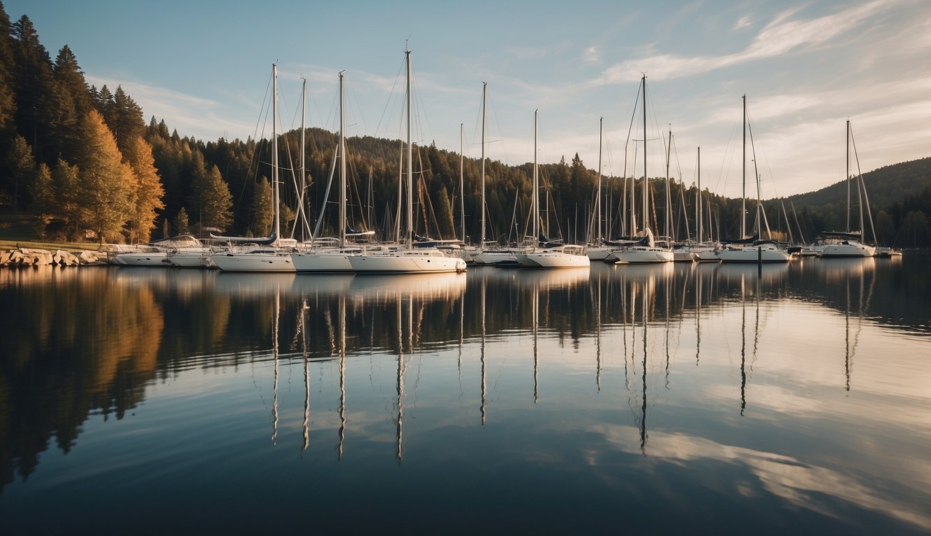 A serene lake with sailboats gliding gracefully, displaying proper boating etiquette according to Marina Manners Boating Etiquette
