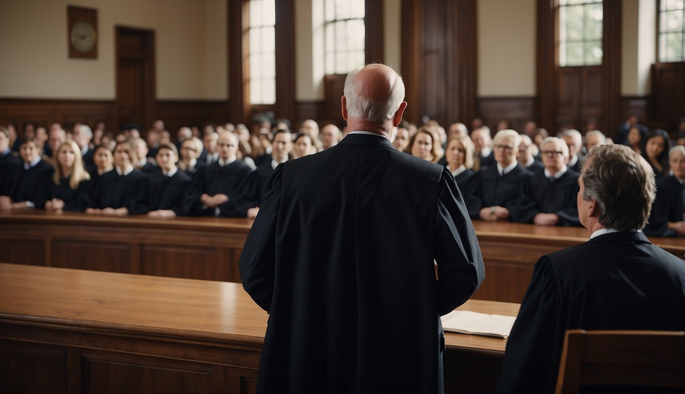 Lawyers stand, facing the judge, as the bailiff announces the court's entrance. Spectators rise and silence fills the room Courtroom Etiquette