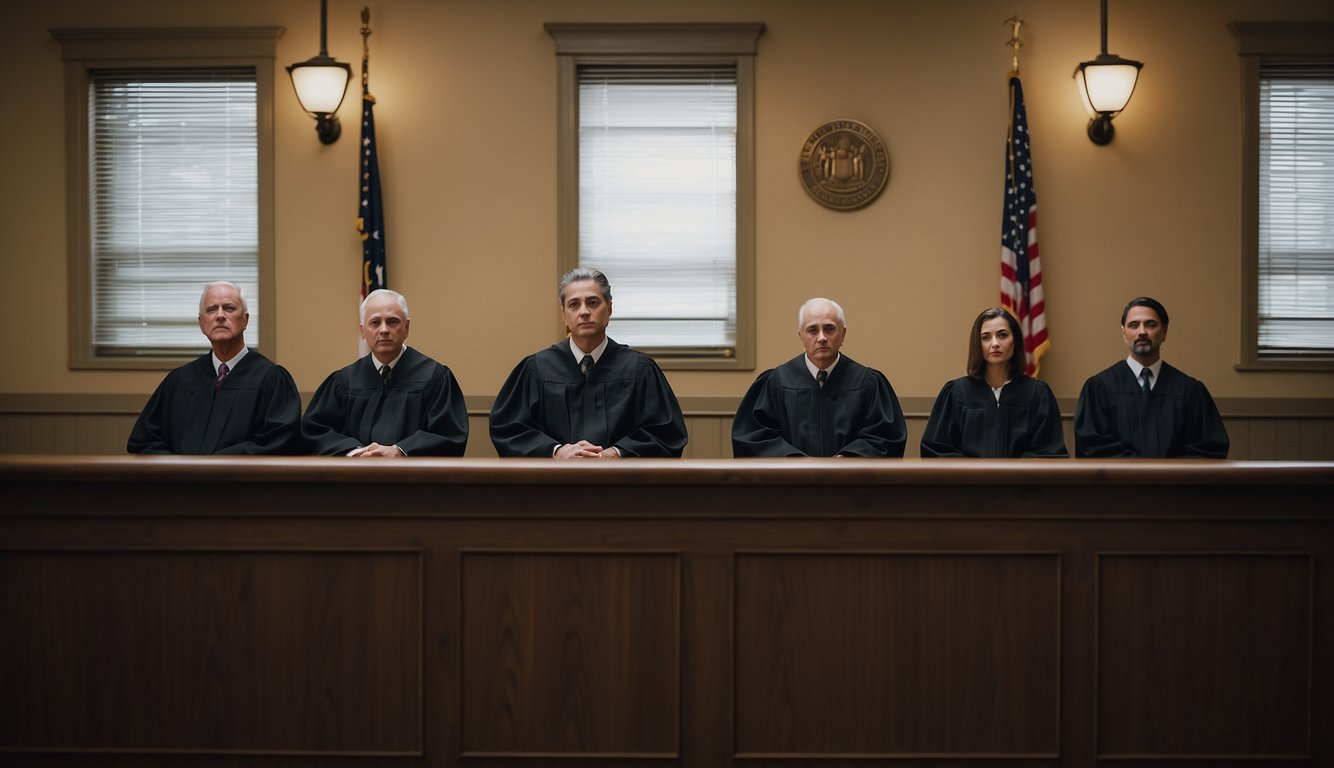 A judge sits at the bench, facing a defendant and their lawyer. The courtroom is quiet and respectful, with everyone adhering to the rules of decorum Courtroom Etiquette
