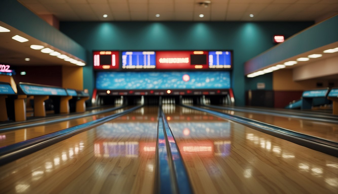 Bowling alley with players waiting their turn, shoes neatly lined up, and scoreboards displaying game progress Bowling Etiquette