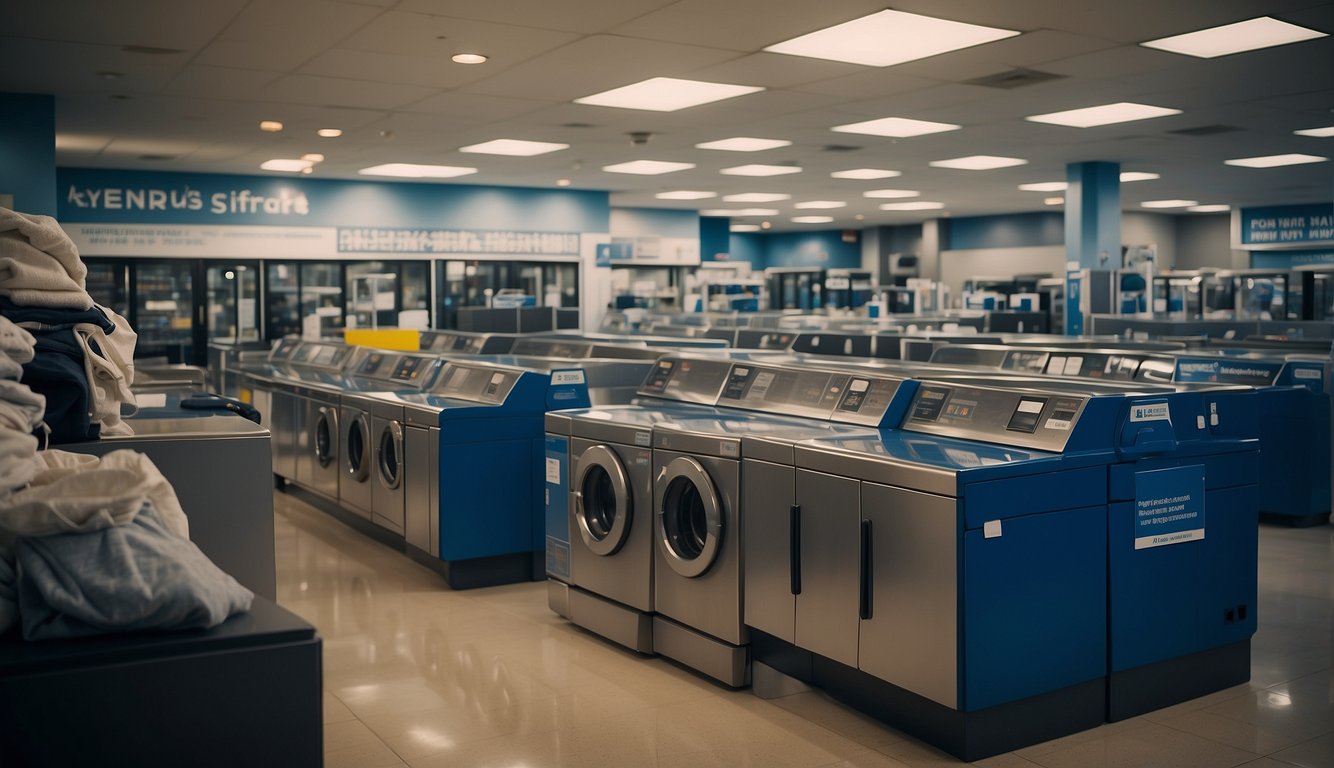 Customers sort laundry, load machines, and add detergent. Signs remind to clean up, be courteous, and not to overload machines Laundromat Etiquette