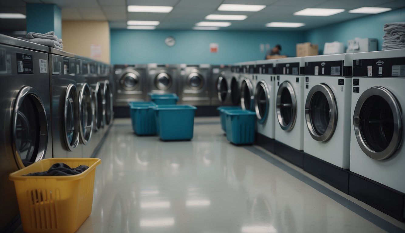 A laundromat with neatly folded clothes, empty trash bins, and customers disposing of lint in designated containers Laundromat Etiquette