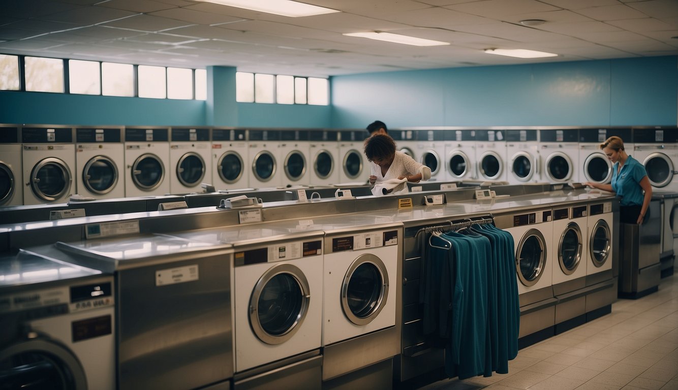 Customers sort clothes, wipe machines, and keep noise level low in a clean, well-lit laundromat with posted rules Laundromat Etiquette