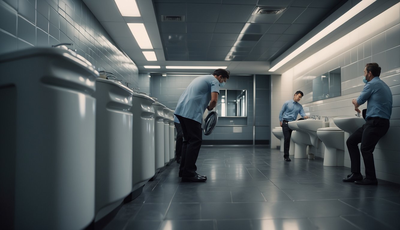 Employees using proper bathroom etiquette at work: closing the toilet lid, disposing of trash properly, and keeping the area clean and tidy Bathroom Etiquette at Work