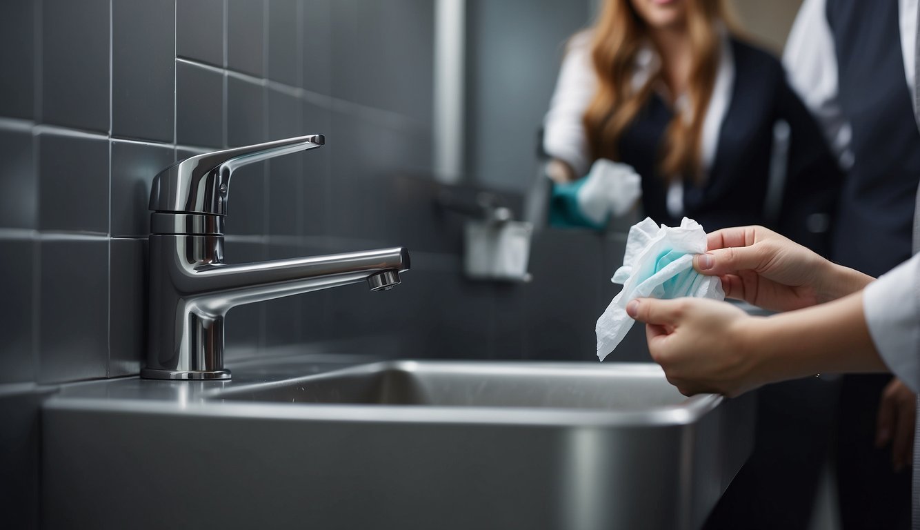 Employees use tissue to wipe sink after use, dispose of paper in trash bin, and leave bathroom clean for next user Bathroom Etiquette at Work