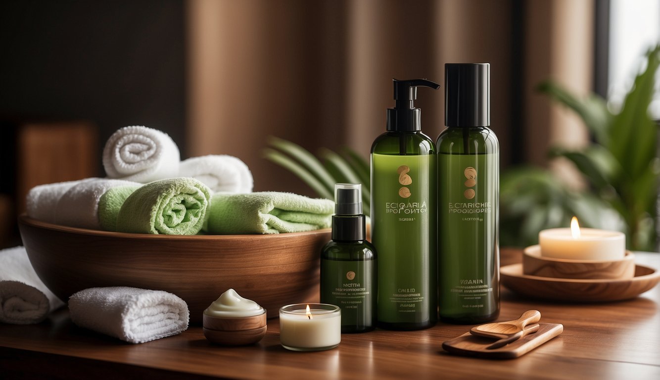 A serene spa room with a neatly arranged array of Brazilian aftercare products and maintenance tools on a polished wooden table Brazilian Wax Etiquette