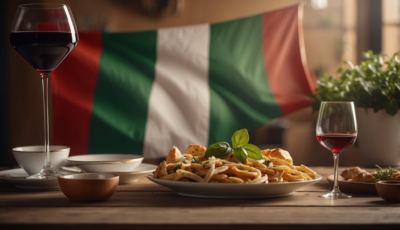 An Italian flag hangs above a table set with fine china and wine, while two people exchange warm greetings with hand gestures Italian Etiquette