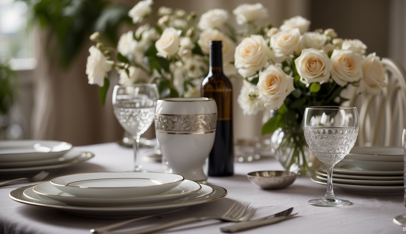 An elegant dining table set with fine china and silverware, a bottle of wine, and a vase of fresh flowers Italian Etiquette