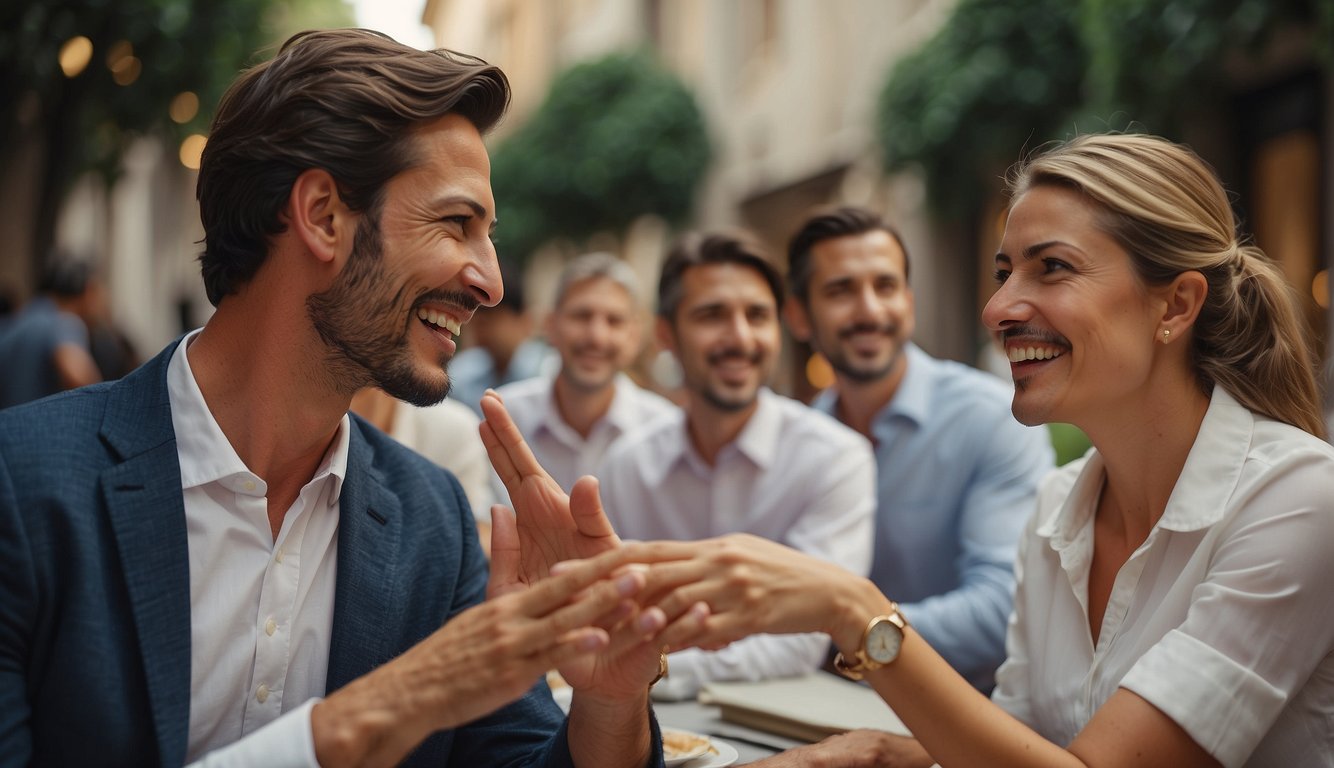 People conversing closely, gesturing animatedly, and maintaining eye contact in a lively and expressive manner, adhering to Italian etiquette Italian Etiquette