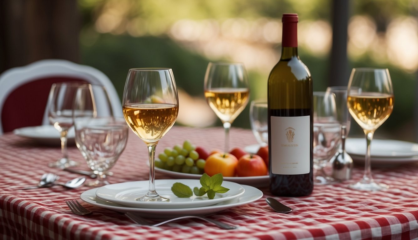 A table set with fine Italian dinnerware, a red and white checkered tablecloth, and a bottle of wine with two glasses Italian Etiquette