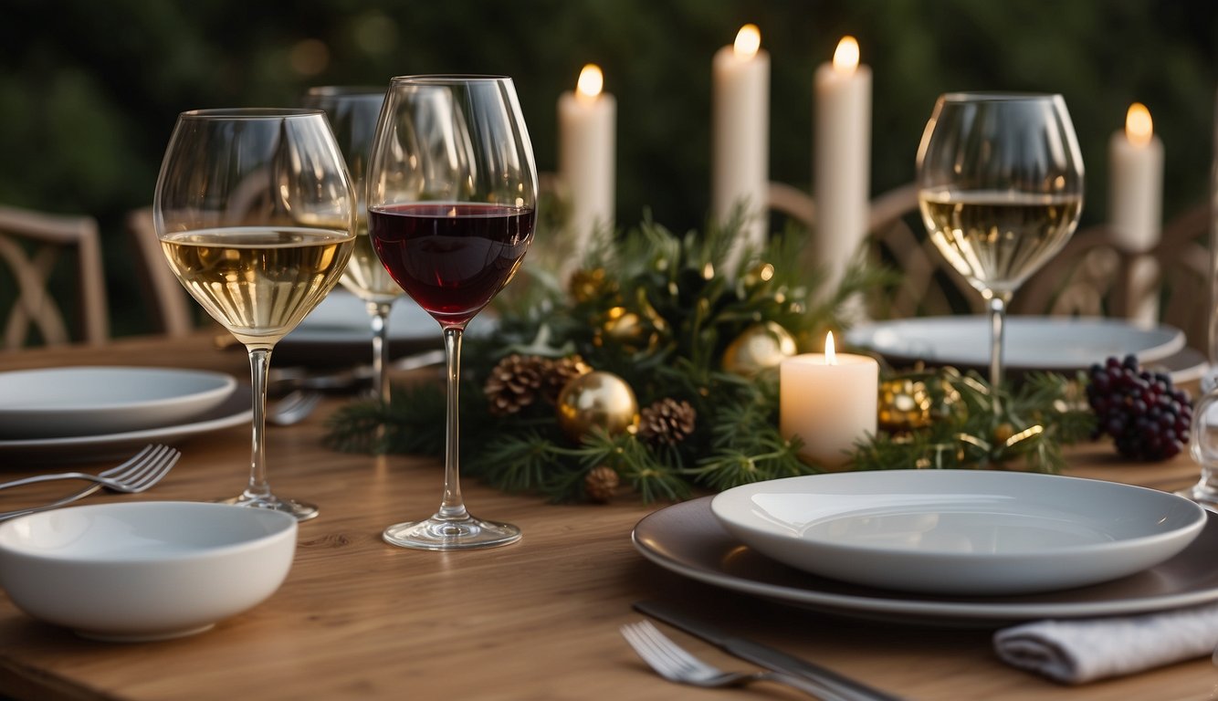 A festive table set with elegant dinnerware, wine glasses, and a decorative centerpiece. Guests are seated with proper posture, engaging in lively conversation Italian Etiquette