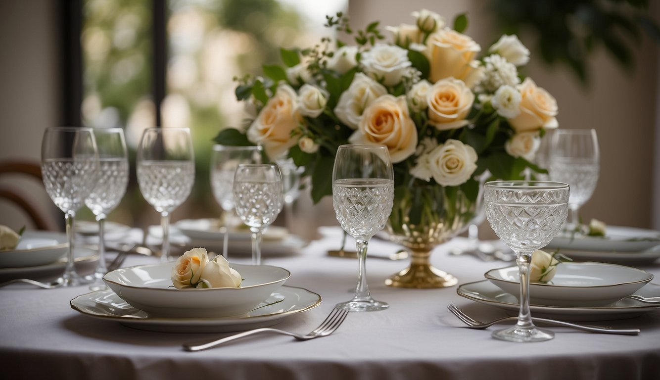 A table set with fine china, wine glasses, and silverware. A vase of fresh flowers and a candle centerpiece. Elegance and sophistication Italian Etiquette