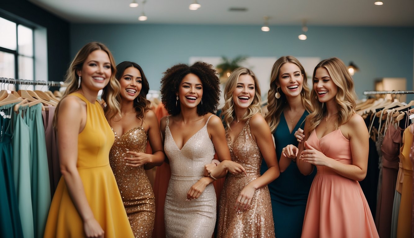 A group of women are browsing through racks of colorful dresses, laughing and chatting excitedly as they help each other choose the perfect outfits for their bachelorette party Bachelorette Party Group Outfits