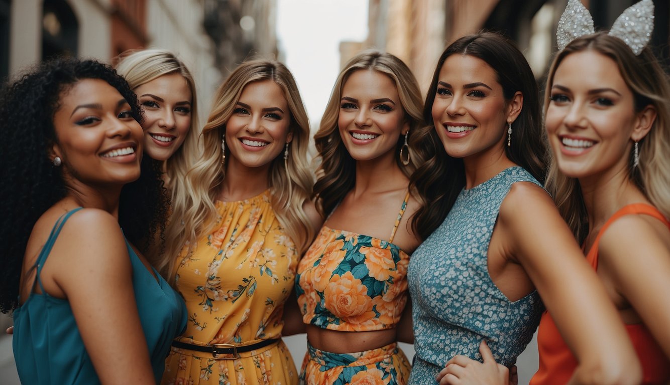 A group of women wearing stylish and coordinated outfits for a bachelorette party. Bright colors, fun patterns, and trendy accessories complete their daytime looks Bachelorette Party Group Outfits