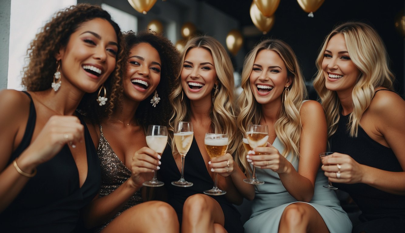 A group of women wearing chic and comfortable outfits, laughing and enjoying themselves at a bachelorette party Bachelorette Party Group Outfits