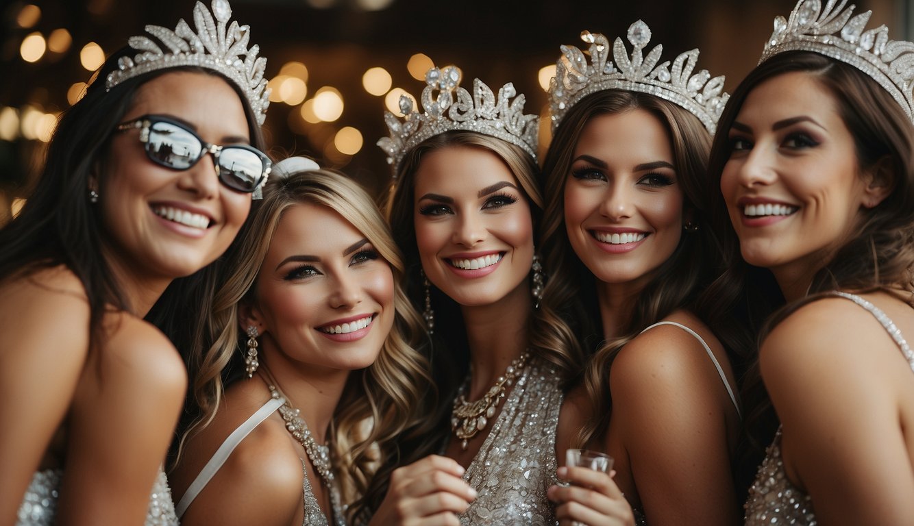 A group of women wearing coordinated bachelorette party outfits, with matching accessories like sashes, tiaras, and themed jewelry Bachelorette Party Group Outfits