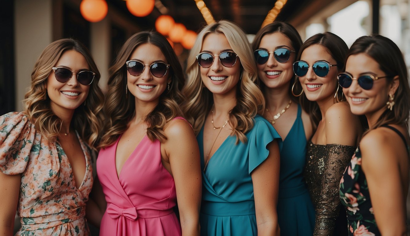 A group of women wearing stylish and coordinated outfits for a bachelorette party, with vibrant colors and fun accessories Bachelorette Party Group Outfits