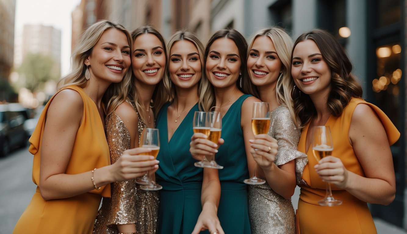 A group of women wearing stylish yet affordable coordinated outfits for a bachelorette party. They exude confidence and fun as they showcase their budget-friendly fashion choices Bachelorette Party Group Outfits