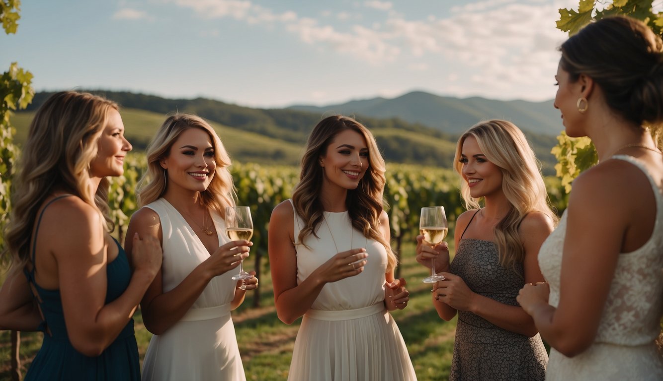 A group of women in stylish and elegant winery bachelorette party outfits, sipping wine and enjoying the scenic vineyard views Winery Bachelorette Party Outfits